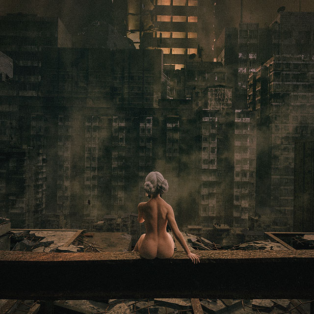 A 3D rendered image showcasing a female figure seated amidst the ruins of a post-catastrophic city. She is looking over her shoulder towards the viewer, set against a backdrop of crumbling buildings and a somber sky, embodying a contemplative mood amidst the chaos.
