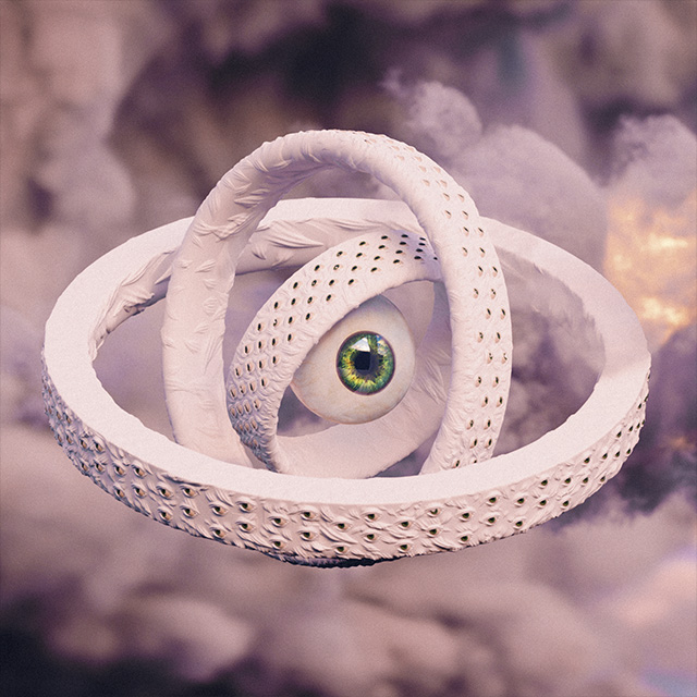 3D render of a biblical angel interpretation, featuring a complex, eye-centered structure with concentric circles