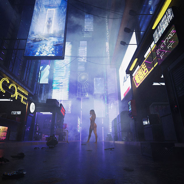 Cyberpunk-infused mixed media scene depicting a lone figure amidst neon-lit streets and digital billboards, reflecting a futuristic and dystopian vision