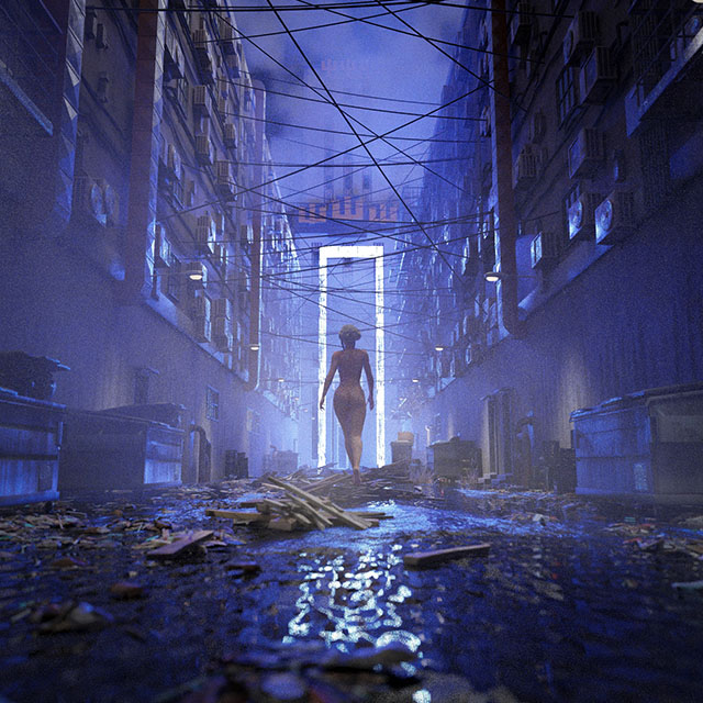 A 3D rendered image depicting a futuristic city alleyway strewn with rubbish and debris, bathed in the blue hue of twilight. In the center stands a solitary female figure silhouetted against a bright portal-like opening at the end of the alley, suggesting an escape or a beacon of hope amidst the surrounding urban decay.