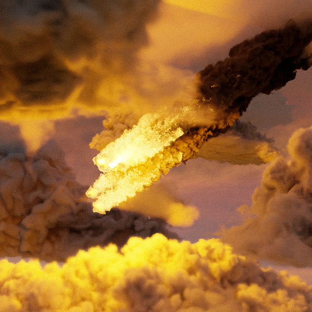 3D render of a meteorite plummeting towards Earth, its fiery trail against golden clouds symbolizing imminent destruction