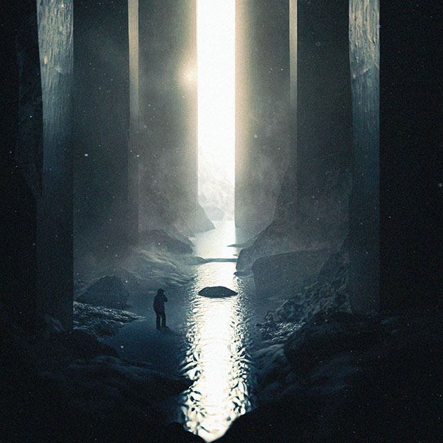 Mixed media creation titled 'Raymundo' depicting a lone explorer in a vast, cavernous space with towering pillars and a luminous path ahead, embodying the spirit of discovery and the uncharted territories he yearns to conquer