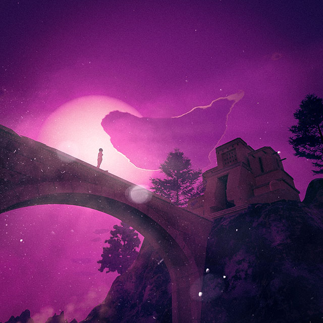 A 3D rendered image evokes a fantasy scene where a lone female figure reaches the culmination of a journey, standing on a curved stone bridge leading to an ancient temple. The setting is mystical, with a massive pink sun setting behind the silhouette of the traveler, casting a dreamlike purple glow over the landscape dotted with trees and floating particles.