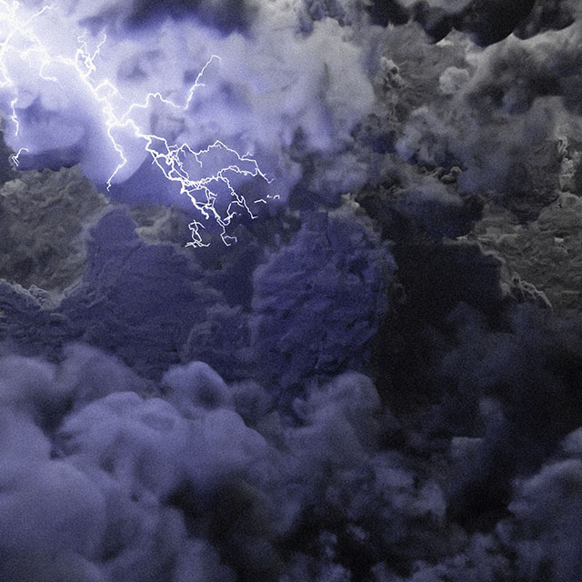 Dramatic 3D render of a thunderstorm with intense lightning illuminating dark tumultuous clouds, capturing the storm's raw energy