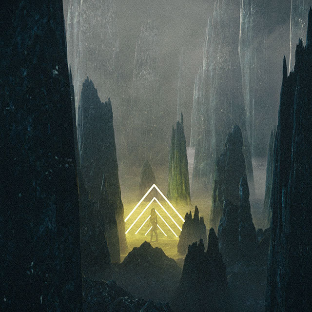 A scene merging 3D rendering with digital photography set in a Star Wars-inspired landscape, featuring mysterious monolithic structures and an illuminated geometric portal, suggestive of otherworldly exploration and adventure