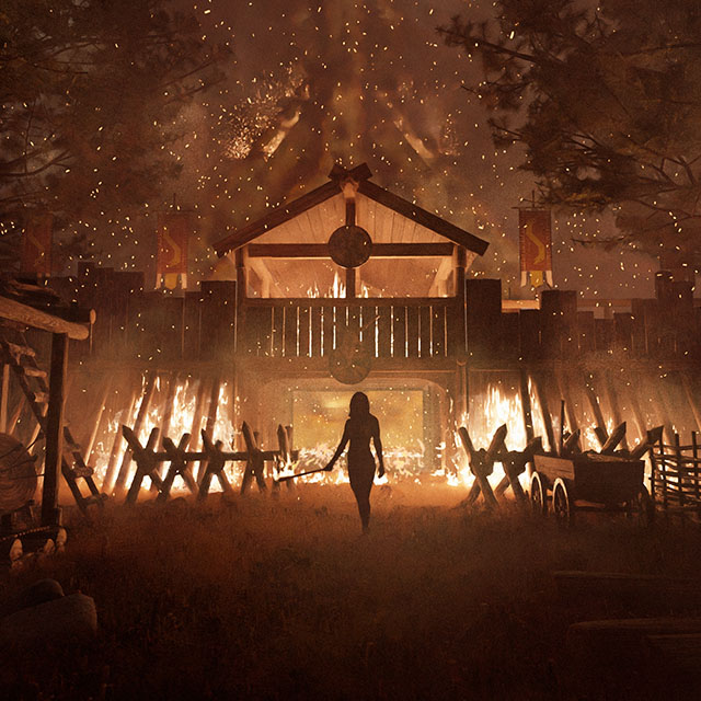 Art piece titled 'Burn It All' featuring a female silhouette standing before a blazing fort, a mixed media representation of feminine strength and the beauty of the female form set against a backdrop of fiery defiance