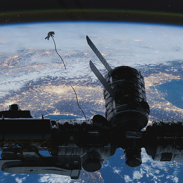 3D render titled 'Lost in Space' showing an astronaut drifting away into the void against the backdrop of Earth, symbolizing isolation and the existential drift experienced in moments of uncertainty