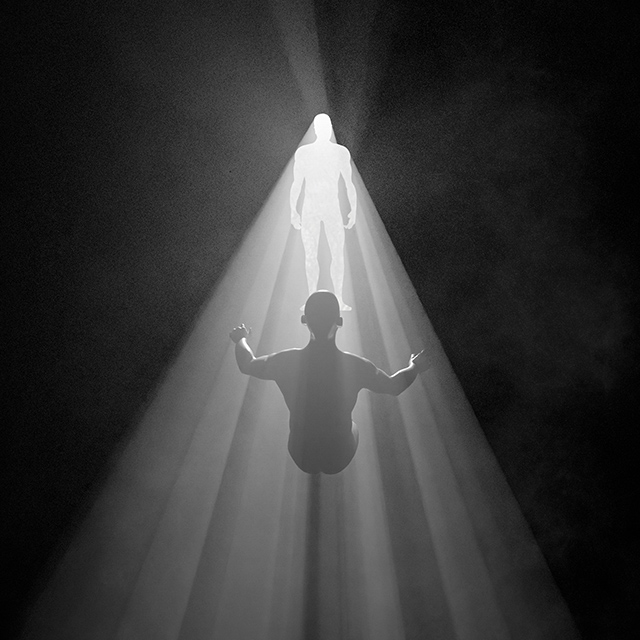 Abstract 3D render representation of the moment of death, depicting a figure detaching and descending into an endless void